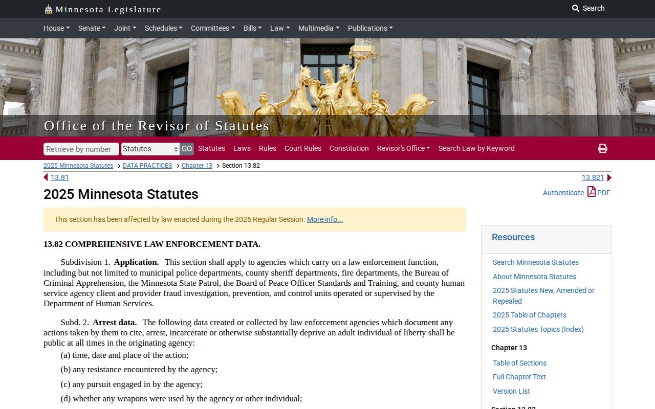 Mower County warrant record law in Minnesota Statutes section 13.82