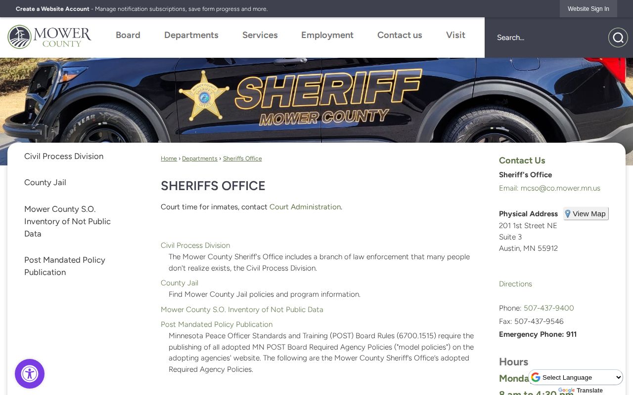 Mower County Sheriff navigation for warrant and custody records
