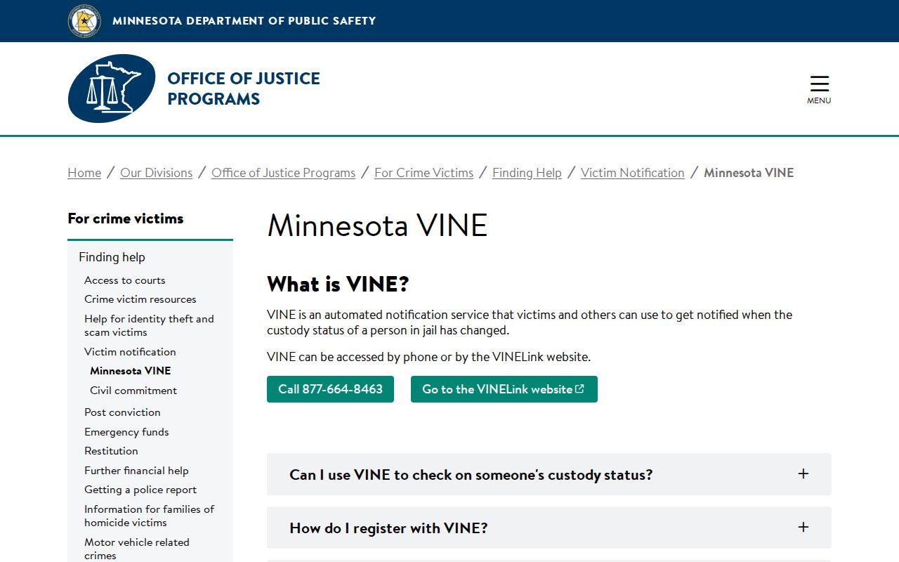 Mower County Minnesota VINE county custody notification record source