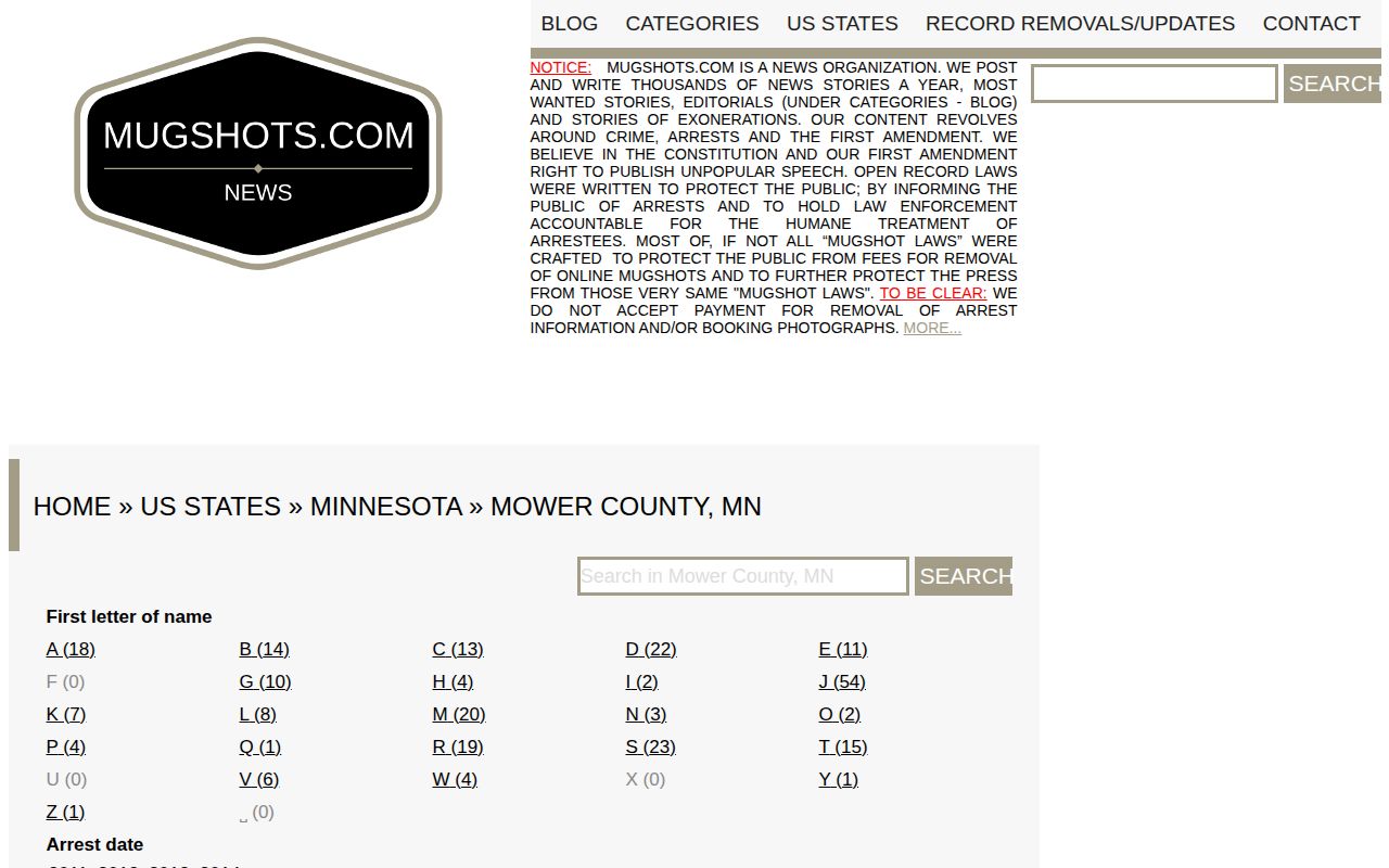 Mower County unofficial historical booking record index